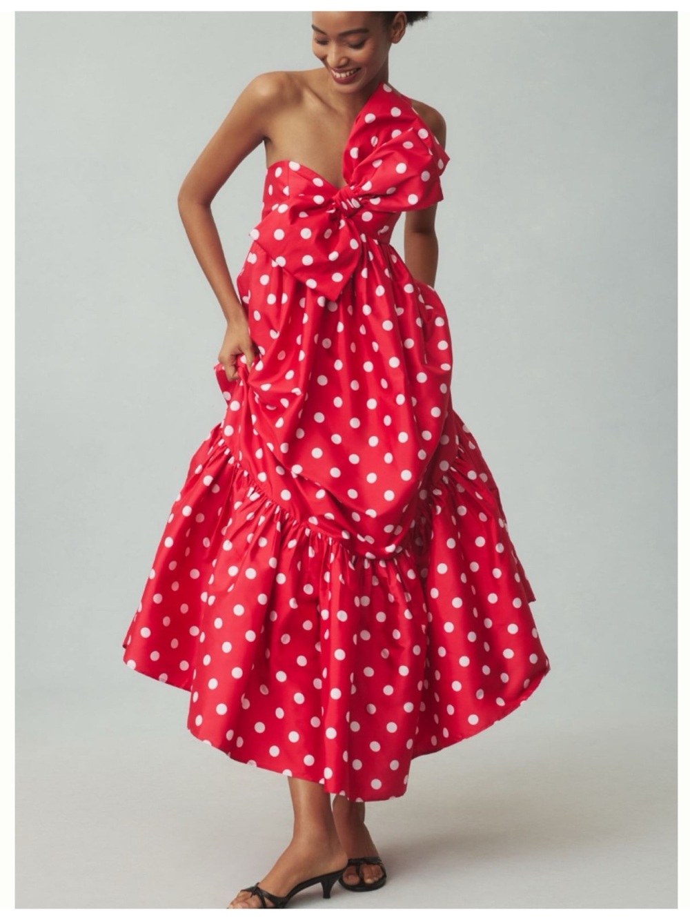 NWT Anthropologie Atsu Sally Bow One Shoulder Polka dot Midi Dress, XS